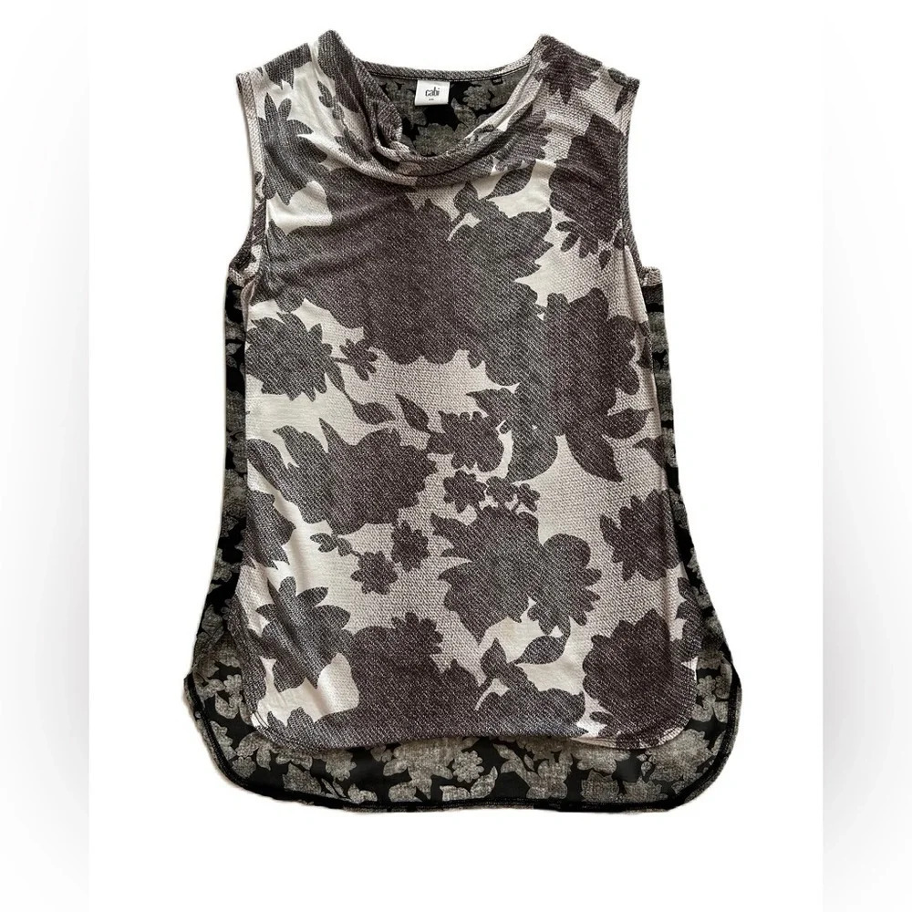 CAbi Tango Tank Top‎ S Gray White Floral Cowl Neck Sleeveless Blouse 3057
